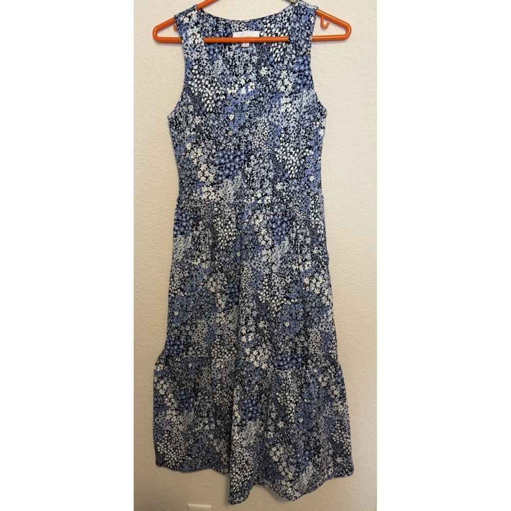 LOFT‎ X-Small Blue Floral Sleeveless Tiered Midi Dress Cottagecore Casual